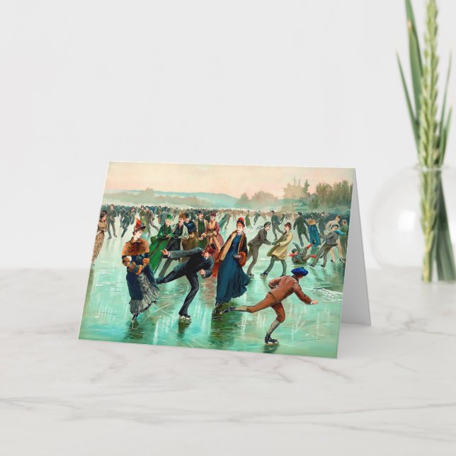 Victorian ice skating vintage winter scene card (Front)
