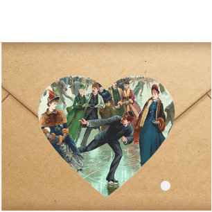 Victorian ice skating vintage winter scene heart sticker