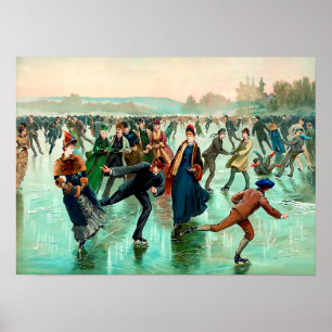 Victorian ice skating vintage winter scene poster