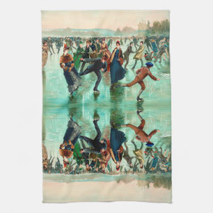 Victorian ice skating vintage winter scene tea towel