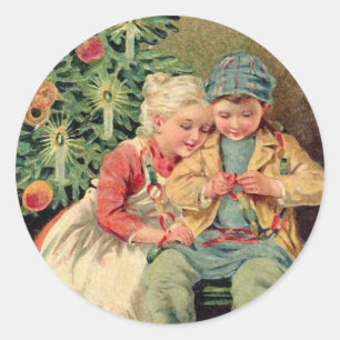 Victorian Illustration on Christmas Cards Classic Round Sticker