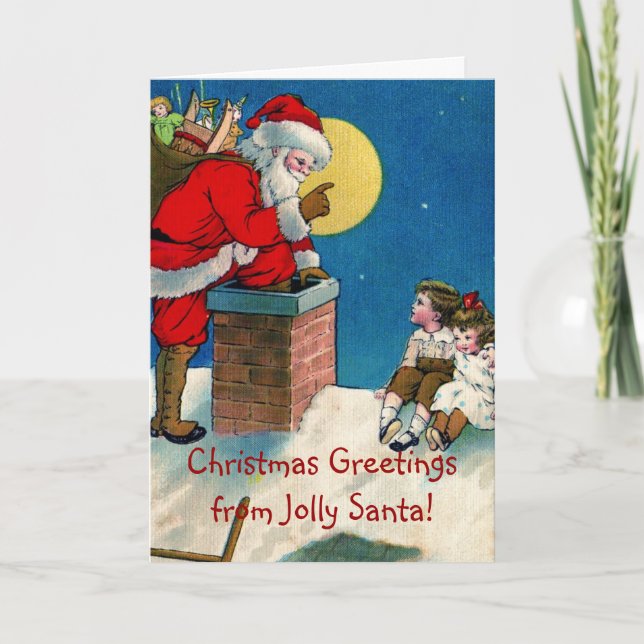 Victorian Jolly Santa w/Children Christmas Greetin Holiday Card (Front)