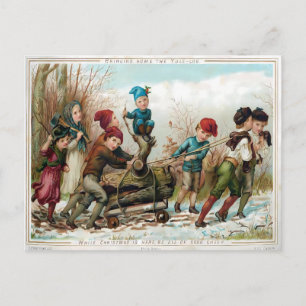 Victorian Kids Bringing Home the Yule Log Postcard