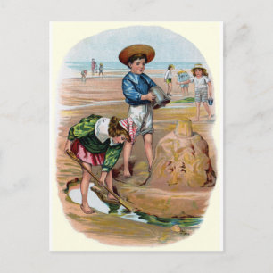 Victorian Kids Build a Sandcastle Postcard