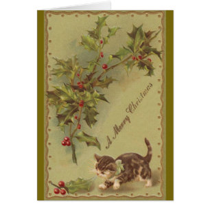 Victorian Kitten and Holly Christmas Greeting Card
