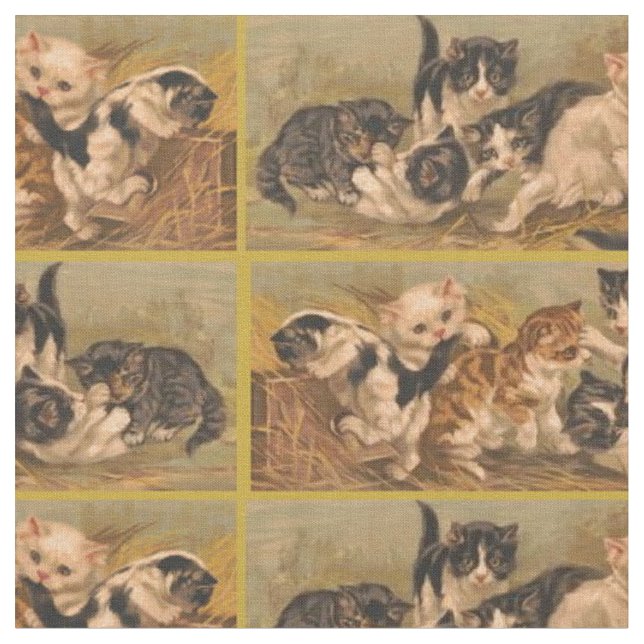 Victorian kittens print fabric (Close Up)
