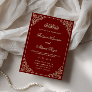Victorian Lace Frame Gold Burgundy Muslim Wedding Invitation