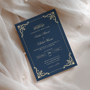 Victorian Lace Frame Gold Navy Blue Muslim Wedding Invitation
