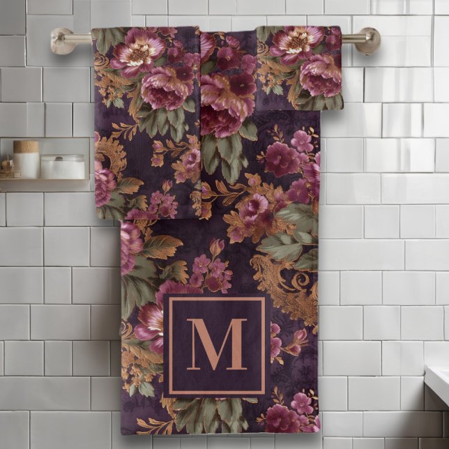 Victorian Lace Purple Roses Monogram Bath Towel Set (Creator Uploaded)