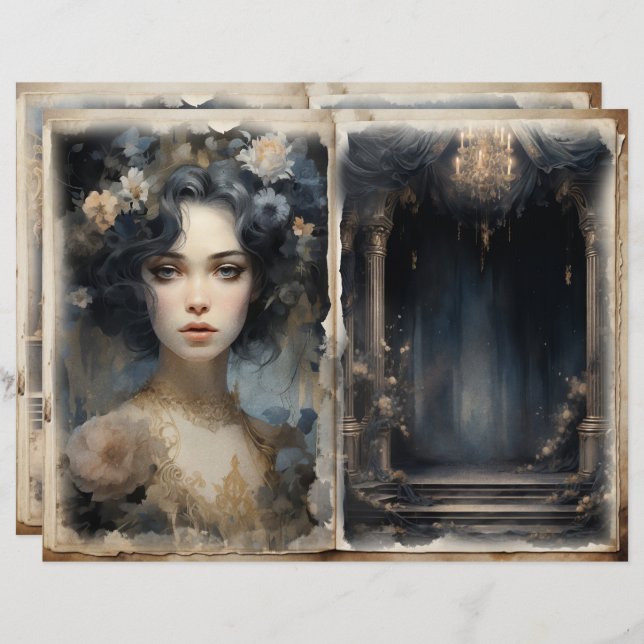 Victorian Ladies Balcony Blue Junk Journal Pages (Front/Back)