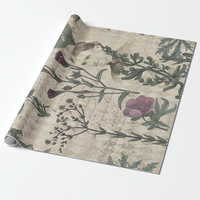 Victorian Lady and Flowers Wrapping Paper (Unrolled)