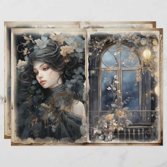 Victorian Lady Balcony Blue Junk Journal Page (Front/Back)