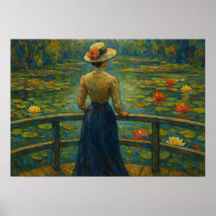 Victorian Lady by Water Lily Pond Impressionist Po Poster