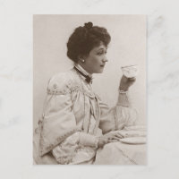 Victorian lady drinking tea, black and white photo