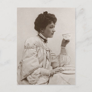 Victorian lady drinking tea, black and white photo postcard