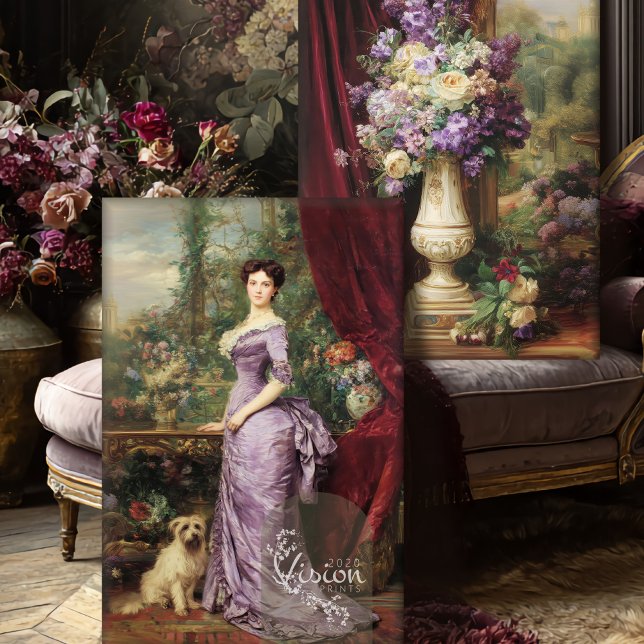 Victorian Lady English Garden Portrait Decoupage  Wrapping Paper Sheet (Close up of a vintage lady portrait & still life floral, against a purple French living room scene.)