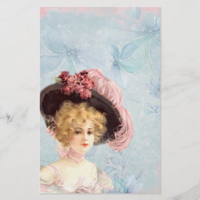 Victorian Lady in Feathered Hat Stationery (Front)