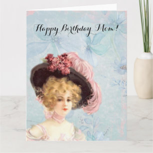 Victorian Lady in Feathered Hat with Pink Roses Card