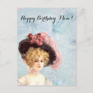 Victorian Lady in Feathered Hat with Pink Roses Postcard