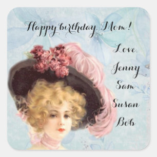 Victorian Lady in Feathered Hat with Pink Roses Square Sticker