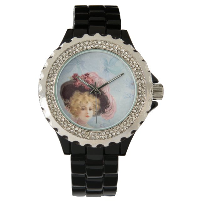 Victorian Lady in Hat Rhinestone Black Enamel Watch (Front)