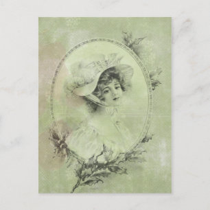 Victorian Lady in Hat Verdigris Green Postcard