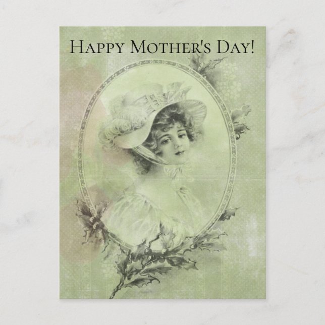 Victorian Lady in Hat Verdigris Green Postcard (Front)