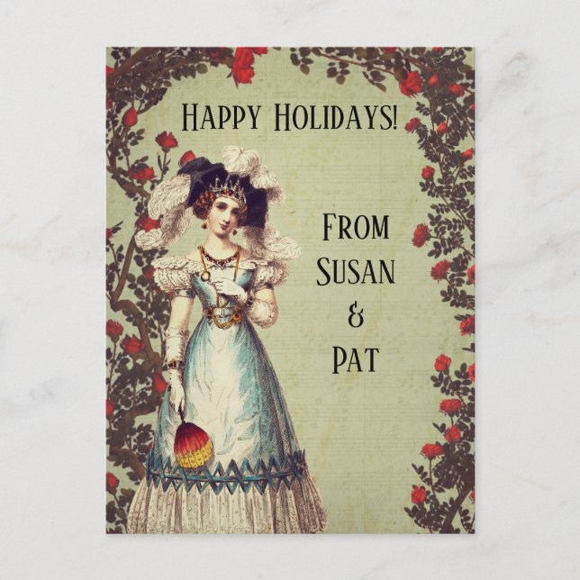 Victorian Lady in the Red Rose Garden with Fan Holiday Postcard (Front)