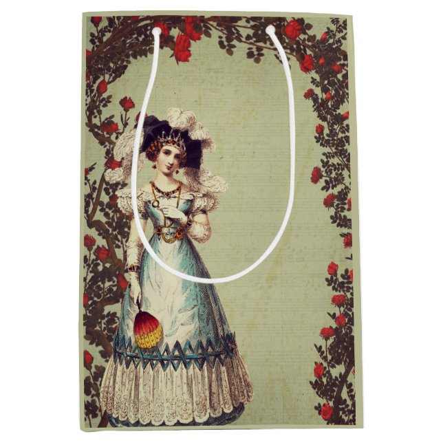 Victorian Lady in the Red Rose Garden with Fan Medium Gift Bag (Front)