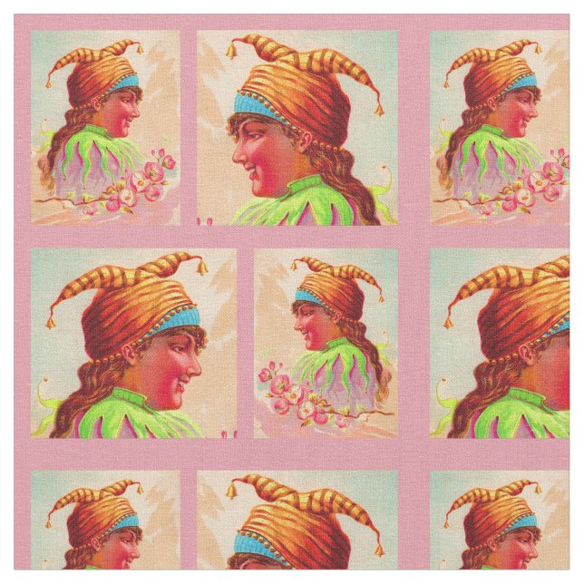 Victorian lady jester print fabric (Close Up)