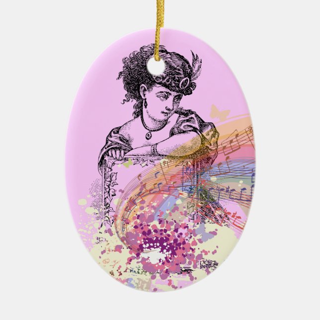 Victorian Lady Music ColorSplashPink Oval Ornament (Front)