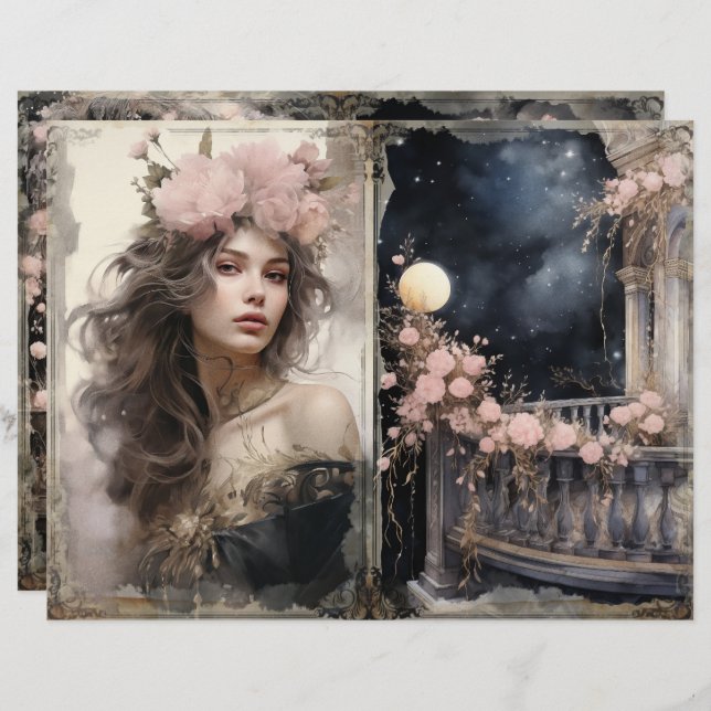 Victorian Lady Pink Black Junk Journal Page (Front/Back)