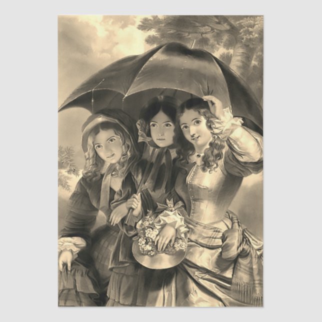 Victorian lady umbrella rainy day sepia tissue paper (Front)