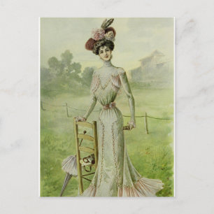 Victorian Lady–Vintage French Fashion–Green Dress Postcard