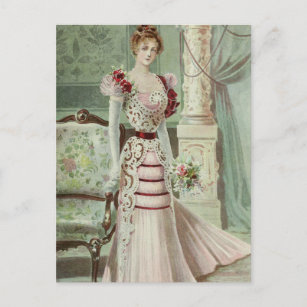 Victorian Lady-Vintage French Fashion-Pink Dress Postcard