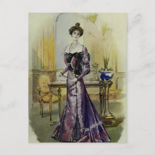 Victorian Lady–Vintage French Fashion–Yellow Dress Postcard