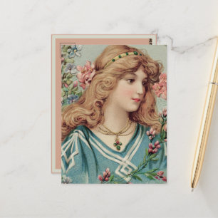 Victorian Lady w/ Pink & Blue Flowers in Her Hair Postcard