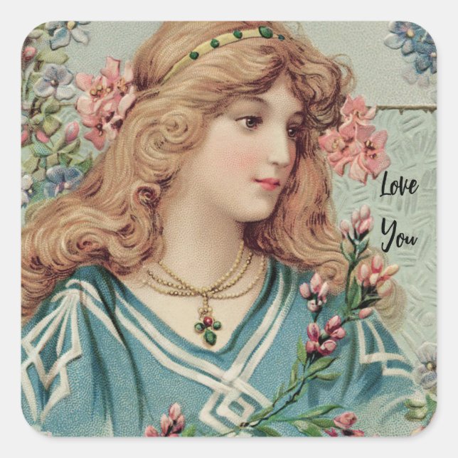 Victorian Lady w/ Pink Flowers in Her Hair Square Sticker (Front)