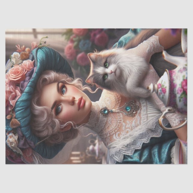 Victorian Lady with Blue Hat and Cat Tissue Paper (Front)