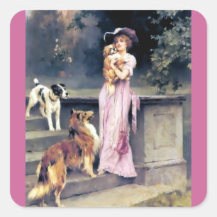 Victorian lady with dog pets square sticker