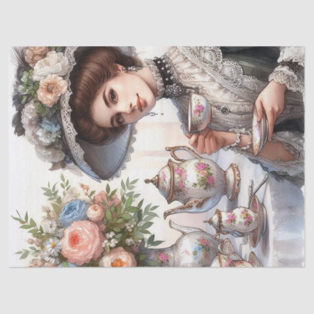 Victorian Lady with Floral Hat Tea Party  Tissue Paper (Front)