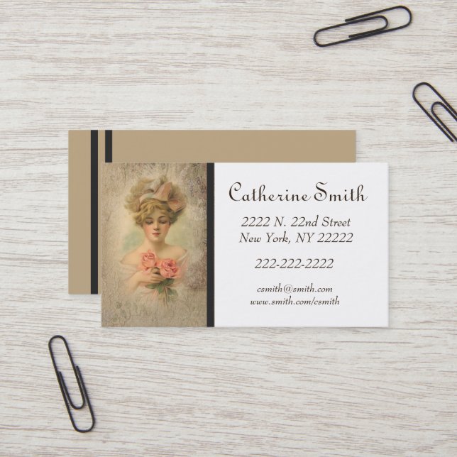 Victorian Lady With Roses Calling/  Business Card (Front/Back In Situ)