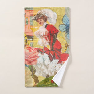 Victorian Lady Woman Elegant Rich Red Illustration Bath Towel Set