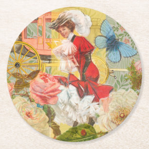 Victorian Lady Woman Elegant Rich Red Illustration Round Paper Coaster