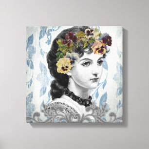 Victorian Lady Woman Pansies on Tapestry Canvas Print