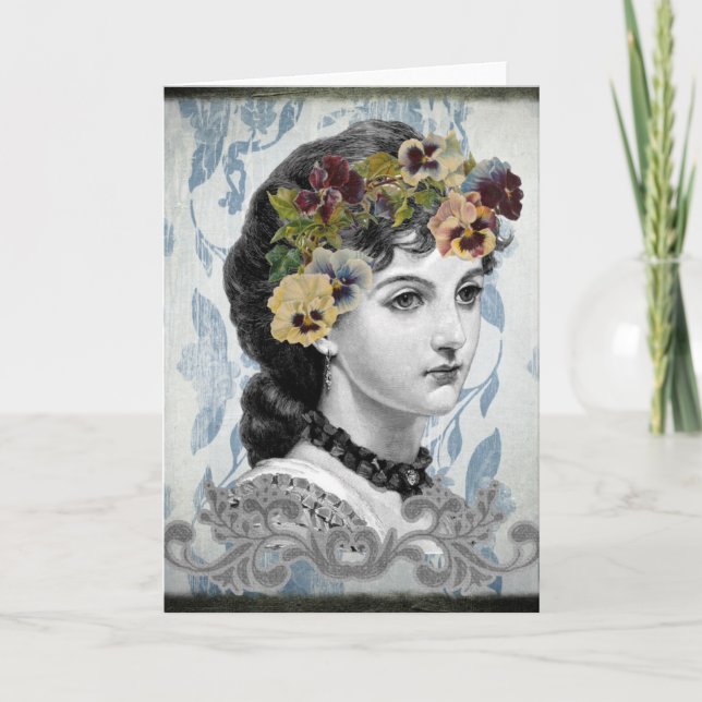 Victorian Lady Woman Pansies on Tapestry Card (Front)