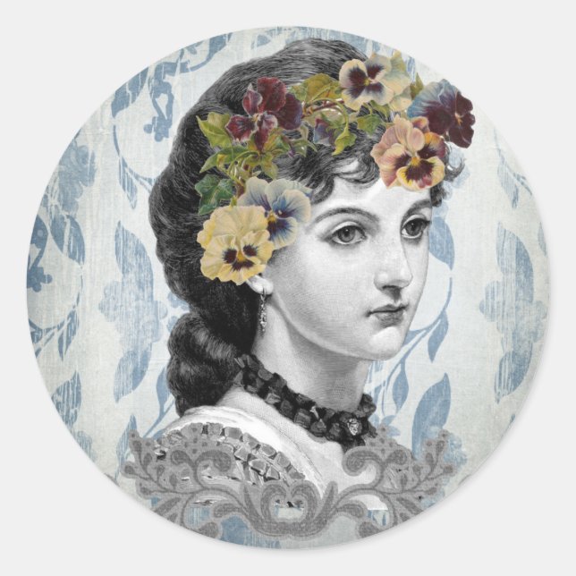 Victorian Lady Woman Pansies on Tapestry Classic Round Sticker (Front)