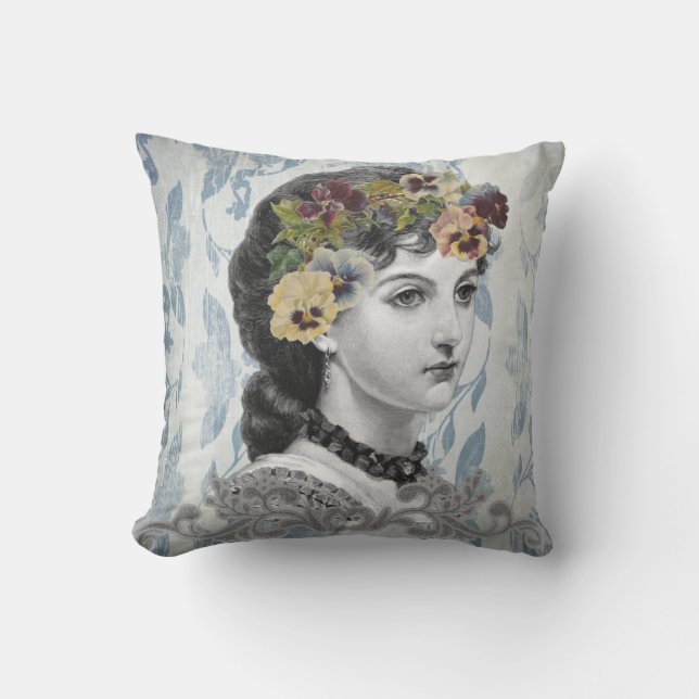 Victorian Lady Woman Pansies on Tapestry Cushion (Front)