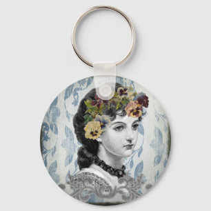 Victorian Lady Woman Pansies on Tapestry Key Ring