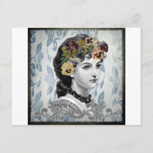 Victorian Lady Woman Pansies on Tapestry Postcard